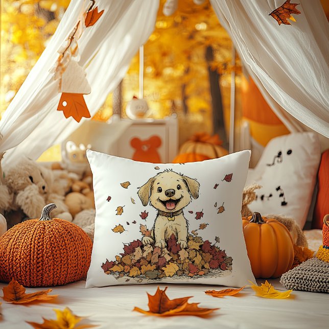 Adorable Fall Puppy Playing Throw Pillow (Creator Uploaded)