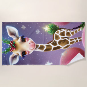 Adorable Fantasy Baby Giraffe with Holly  Beach Towel