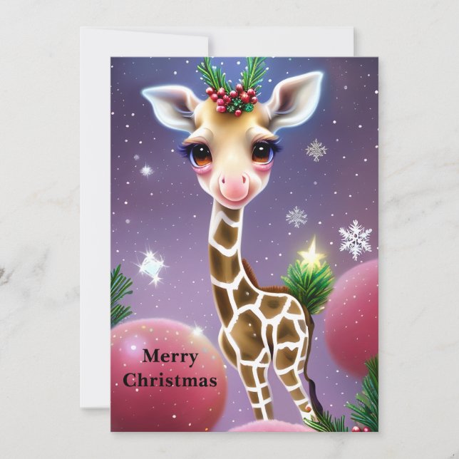 Adorable Fantasy Baby Giraffe with Holly  Holiday Card (Front)