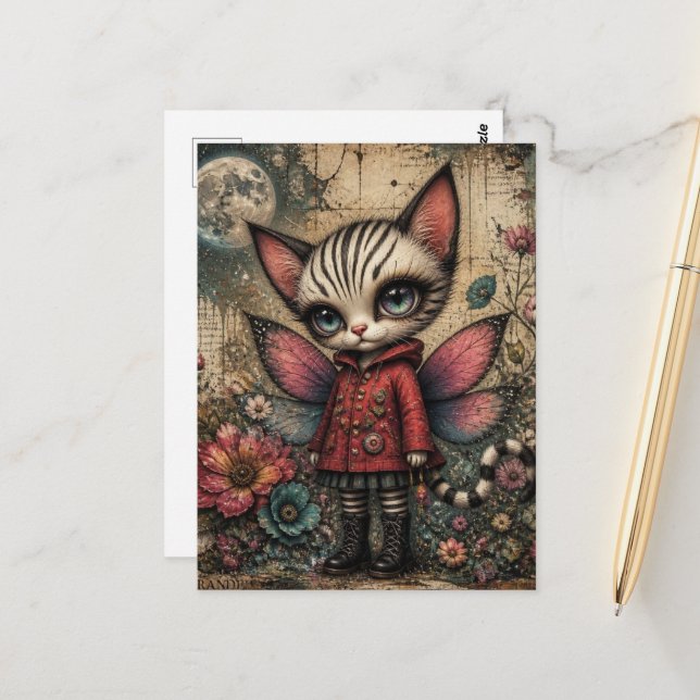 Adorable Fantasy Cat Fairy Postcard (Front/Back In Situ)