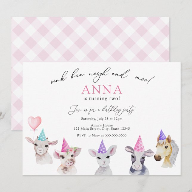 Adorable Farm Animals Girl Birthday Invitation (Front/Back)