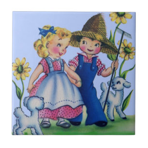 adorable farm boy and farm girl 1940s tile