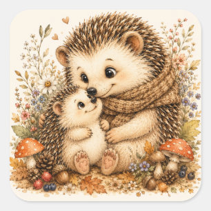 Adorable Father Hedgehog and Baby Cozy Hug Square Sticker