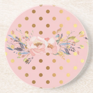 Adorable  Faux Gold Polka Dots Flowers Coaster