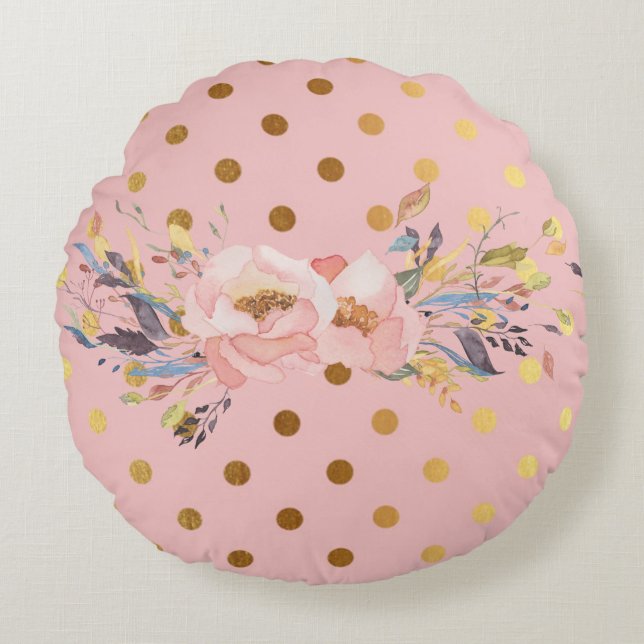 Adorable  Faux Gold Polka Dots Flowers Round Pillow (Front)
