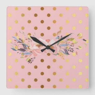 Adorable  Faux Gold Polka Dots Flowers Square Wall Clock