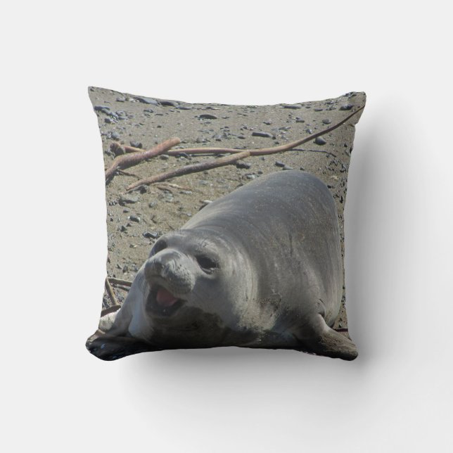 Adorable Female Elephant Seal Relaxes On Beach Throw Pillow (Front)