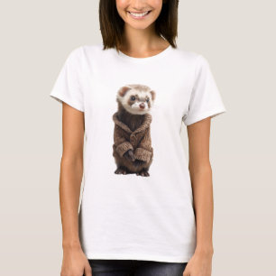 Adorable Ferret in Brown Knitted Cardigan T-Shirt