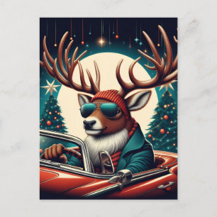 Adorable Festive Reindeer Drives Classic Car Postcard