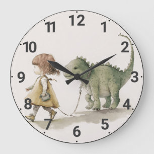 Adorable fille marchant dinosaure horloge murale