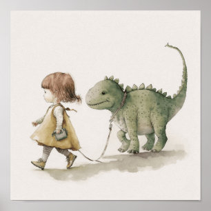 Adorable fille marchant dinosaure mur poster d'art