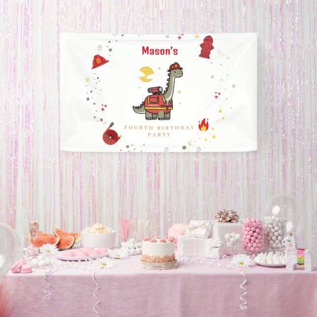 Adorable Firefighter Dino  birthday  Banner (Party)