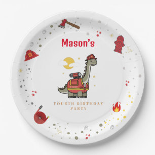 Adorable Firefighter Dino  birthday  Paper Plate