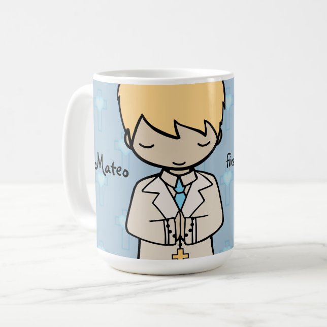 Adorable First Holy Communion boy blue name Coffee Mug (Front Left)