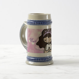 Adorable First Holy Communion brunette girl name Beer Stein