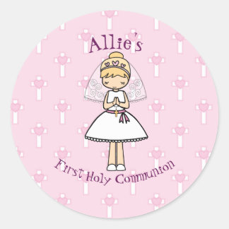 Adorable First Holy Communion little blonde girl Classic Round Sticker
