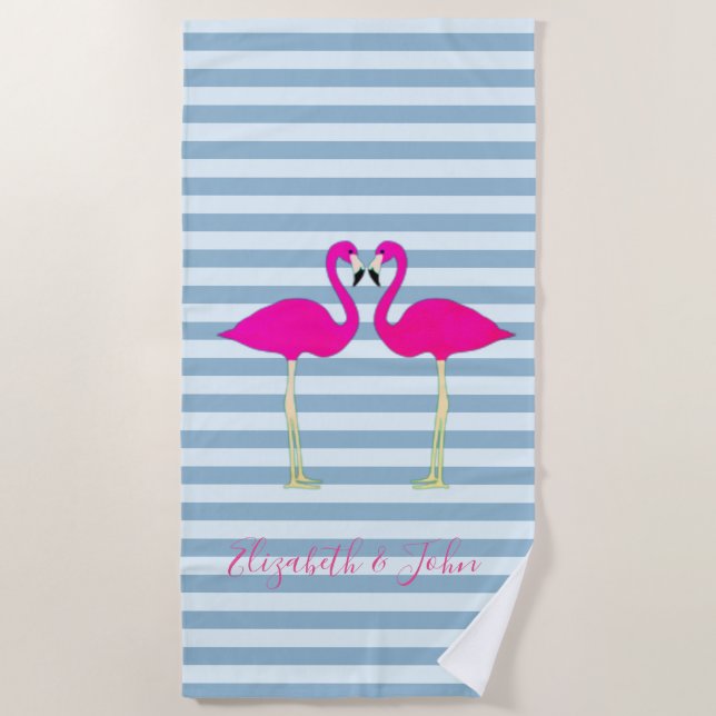 Adorable Flamingos in Love On Stripes-Personalized Beach Towel (Front)