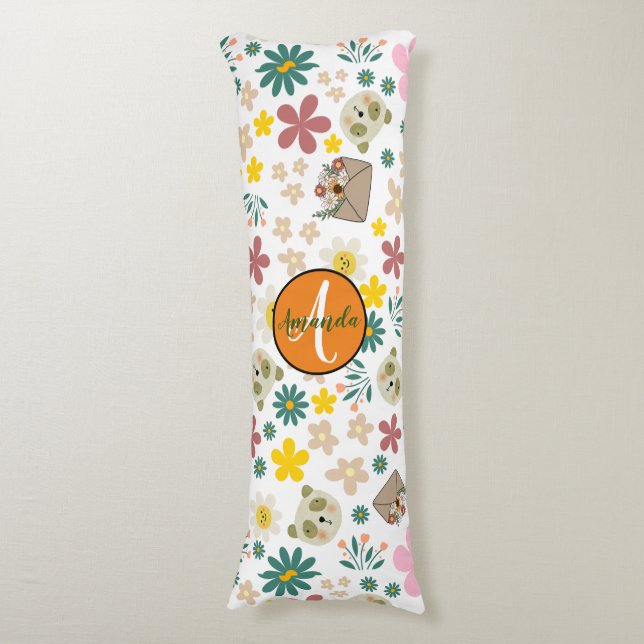 Adorable floral and animal monogram initial script body pillow (Front Vertical)