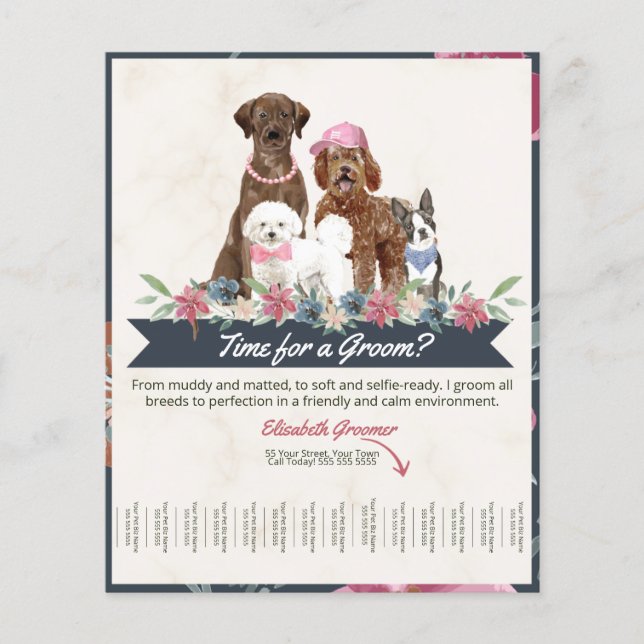 Adorable Floral Dog Groomer Tear Sheet Flyer  (Front)