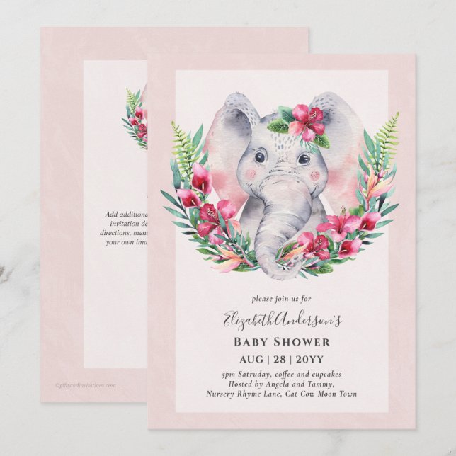 Adorable Floral Elephant Baby Shower Invite (Front/Back)