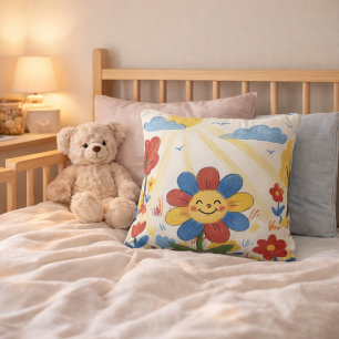 Adorable Flower Enjoying Sun Drawing Kids Throw Pillow