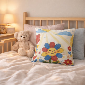 Adorable Flower Enjoying Sun Drawing Kids Throw Pillow