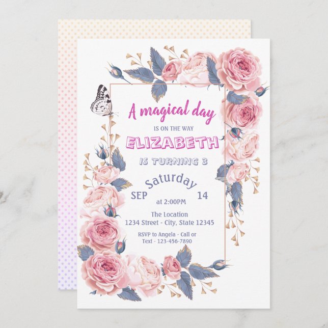 Adorable Flowers Butterfly Birthday   Invitation (Front/Back)