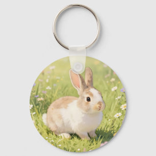 Adorable Fluffy Bunny Wildflower Meadow Keychain
