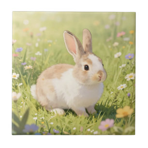 Adorable Fluffy Bunny Wildflower Meadow Tile