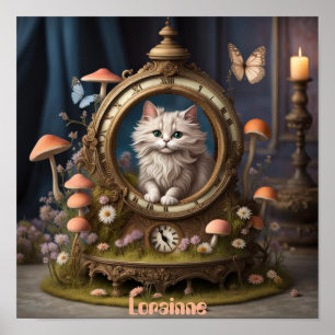 Adorable fluffy cat in clock, mushrooms, editable poster