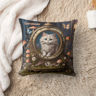 Adorable fluffy cat in clock, mushrooms, editable throw pillow