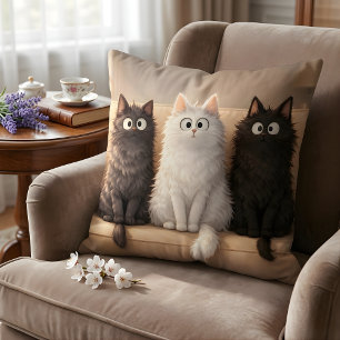 Adorable Fluffy Cats Trio Cute Grey, White & Black Throw Pillow