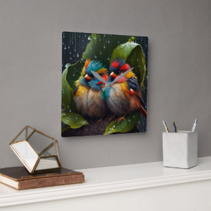Adorable Fluffy Colorful Birds in the rain  Square Wall Clock