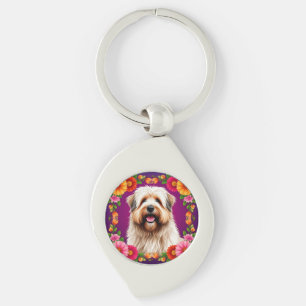 Adorable Fluffy Dog with Flowers Keychain