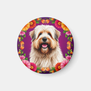 Adorable Fluffy Dog with Flowers Magnet