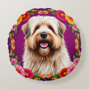 Adorable Fluffy Dog with Flowers Round Pillow