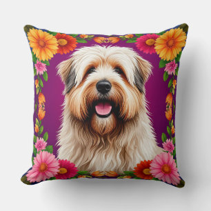 Adorable Fluffy Dog with Flowers Throw Pillow