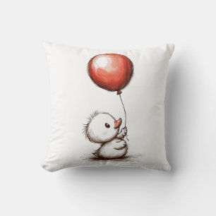 Adorable Fluffy Duckling with Red Balloon Throw Pillow