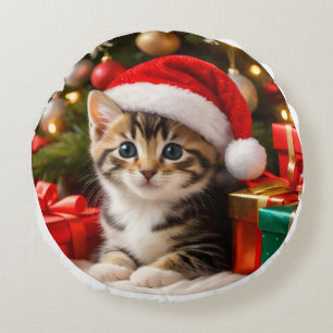 Adorable Fluffy Kitten Christmas Ornament Round Pillow