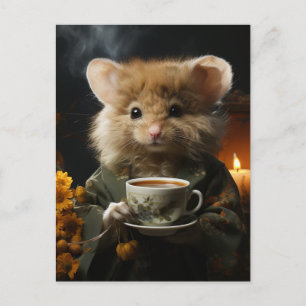 Adorable Fluffy Mouse With Tea Postcard