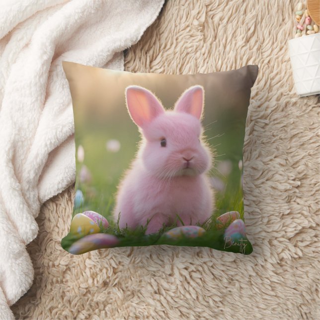 Adorable Fluffy Pink Bunny & Easter Eggs Throw Pillow (Blanket)