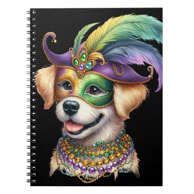 ADORABLE FLUFFY PUPPY DOG DRESSED FOR MARDI GRAS NOTEBOOK (Front)