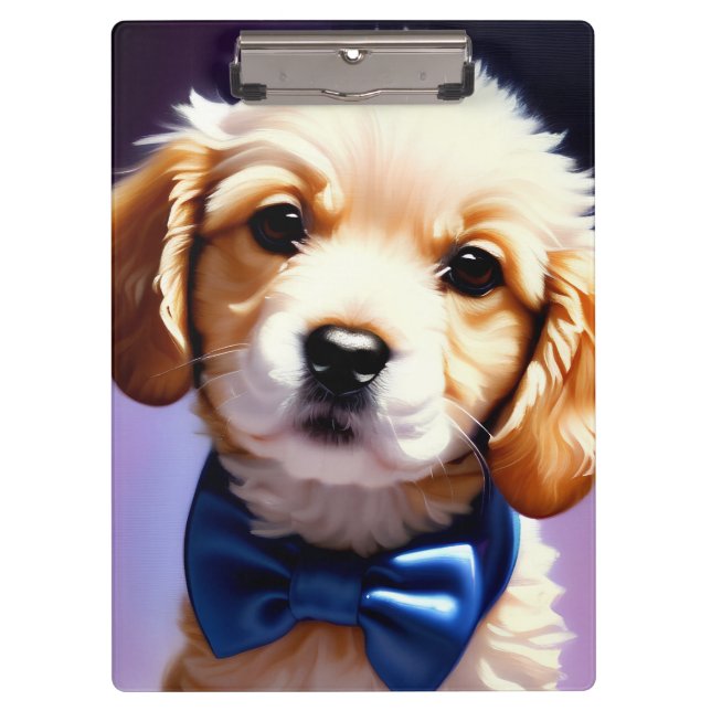 Adorable Fluffy Puppy w Cute Blue Bow Tie  Clipboard (Front)