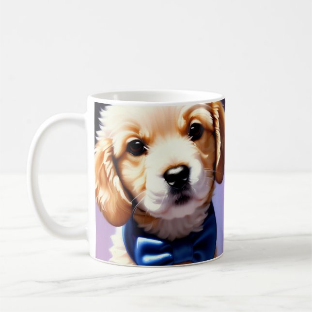 Adorable Fluffy Puppy w Cute Blue Bow Tie  Coffee Mug (Left)
