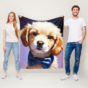 Adorable Fluffy Puppy w Cute Blue Bow Tie  Fleece Blanket