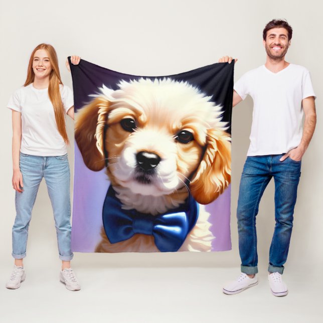 Adorable Fluffy Puppy w Cute Blue Bow Tie  Fleece Blanket (In Situ)