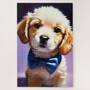 Adorable Fluffy Puppy w Cute Blue Bow Tie  Jigsaw Puzzle