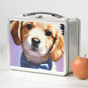 Adorable Fluffy Puppy w Cute Blue Bow Tie Metal Lunch Box
