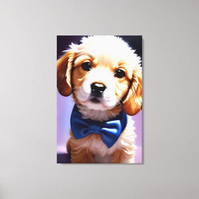 Adorable Fluffy Puppy w Cute Blue Bow Tie Portrait Canvas Print (Front)