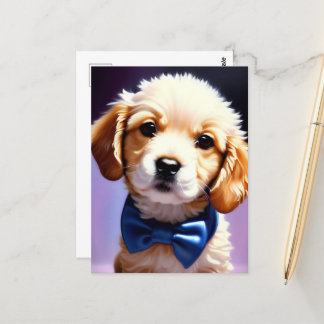 Adorable Fluffy Puppy w Cute Blue Bow Tie  Postcard